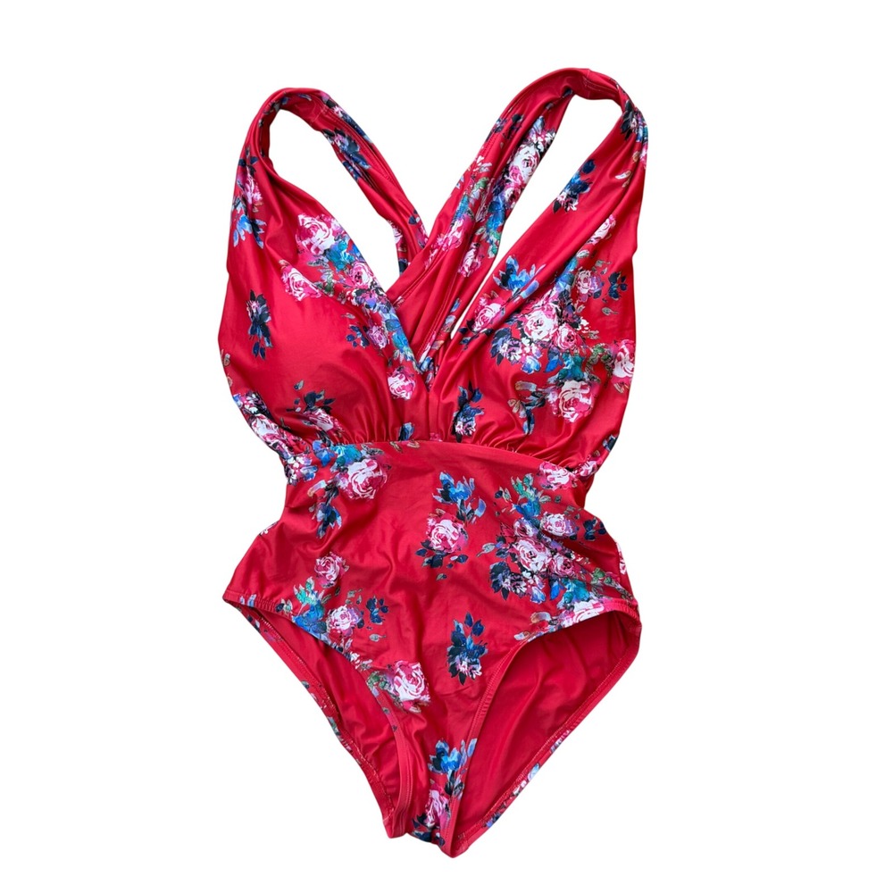 ModCloth One Piece Swimsuit XL Red Floral‎ Cross Back Surplice V-Neck Retro